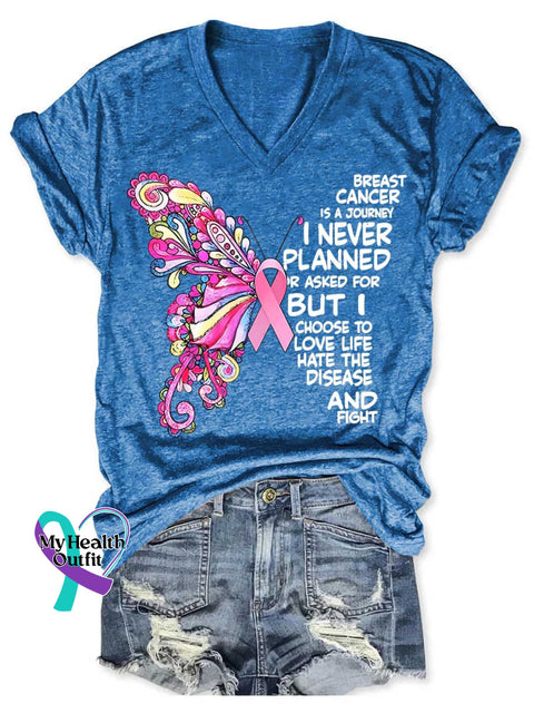 Breast Cancer Is A Journey Butterfly Art Print V-Neck Casual T-Shirt Blue / S