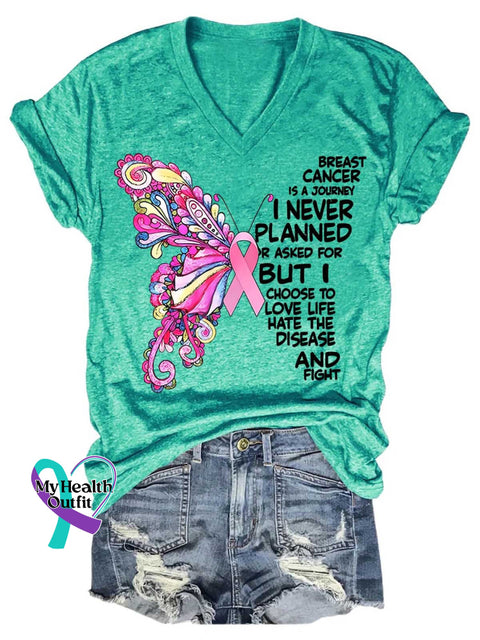 Breast Cancer Is A Journey Butterfly Art Print V-Neck Casual T-Shirt Green / S