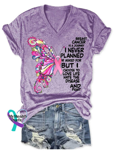Breast Cancer Is A Journey Butterfly Art Print V-Neck Casual T-Shirt Purple / S
