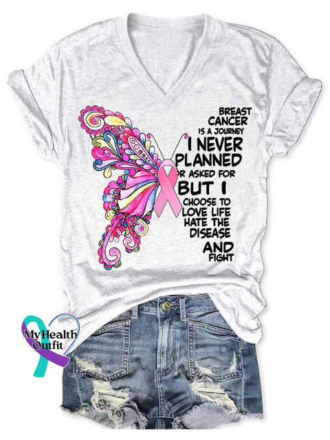 Breast Cancer Is A Journey Butterfly Art Print V-Neck Casual T-Shirt White / S