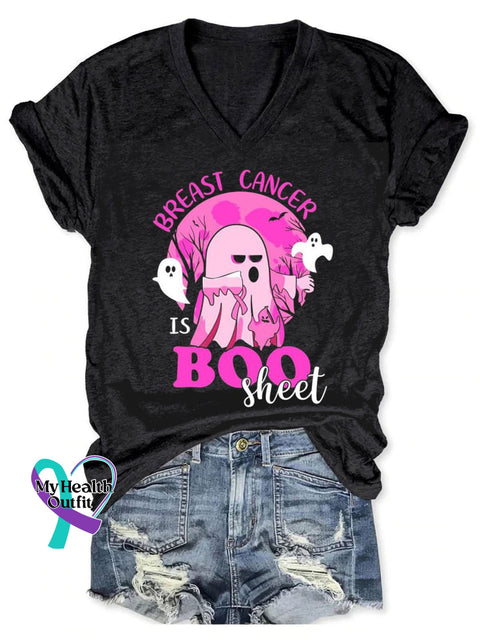 Breast Cancer Is Boo Sheet Art Print V-Neck Casual T-Shirt Black / S