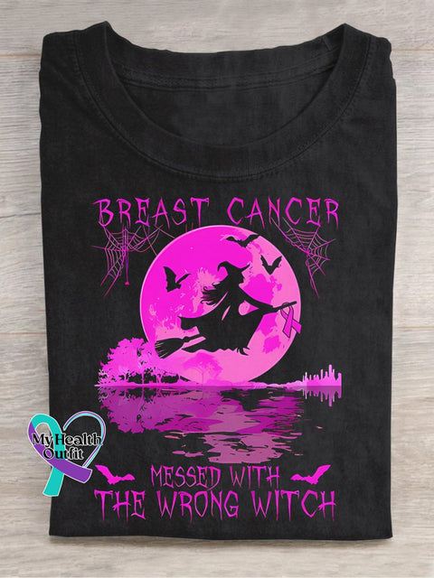 Breast Cancer Messed With The Wrong Witch Halloween T-Shirt Black / S