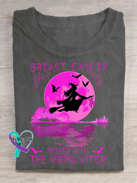 Breast Cancer Messed With The Wrong Witch Halloween T-Shirt Grey / S