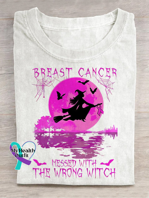 Breast Cancer Messed With The Wrong Witch Halloween T-Shirt White / S