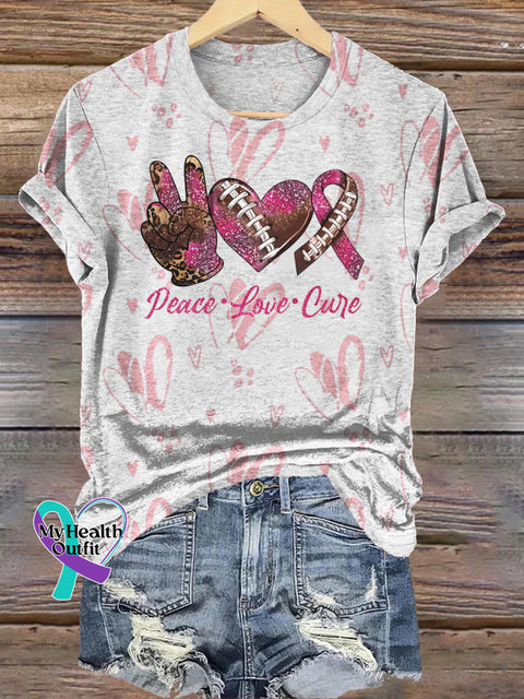 Breast Cancer Peace Love Cure Print Casual Crew Neck Short Sleeve T-Shirt Multicolor / S