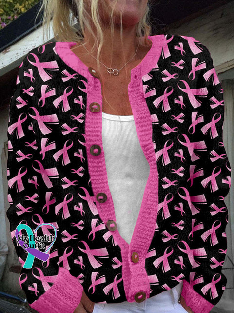 Breast Cancer Pink Ribbon Cozy Knit Cardigan Black / S