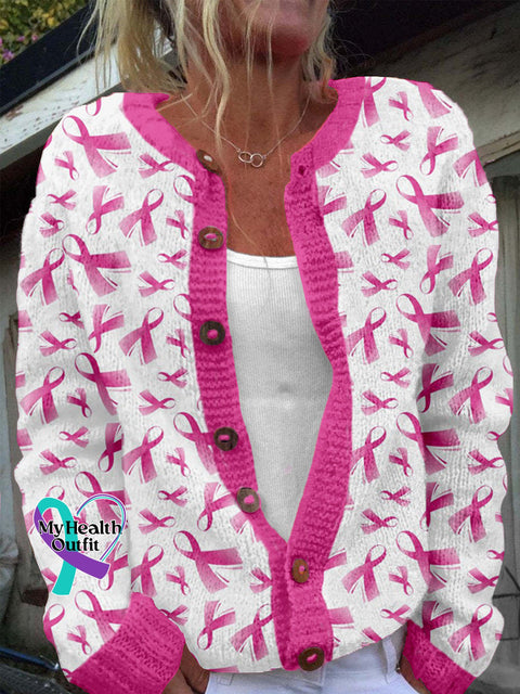 Breast Cancer Pink Ribbon Cozy Knit Cardigan White / S