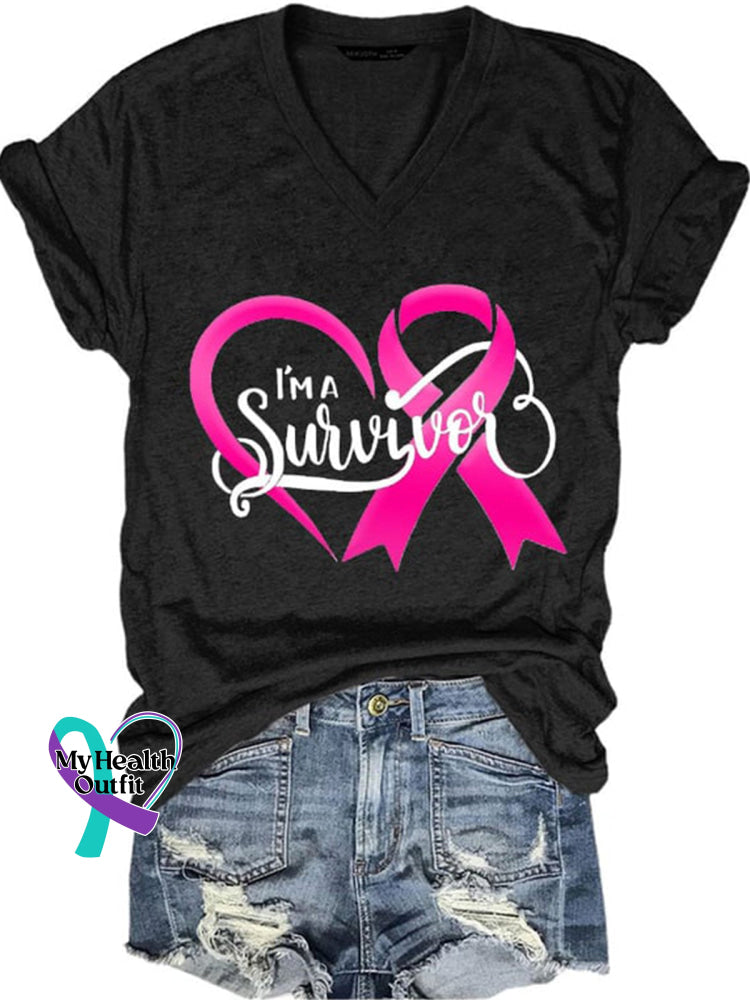 Breast Cancer Red Ribbon Awareness V-Neck T-Shirt Black / S