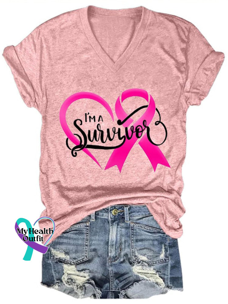 Breast Cancer Red Ribbon Awareness V-Neck T-Shirt Pink / S