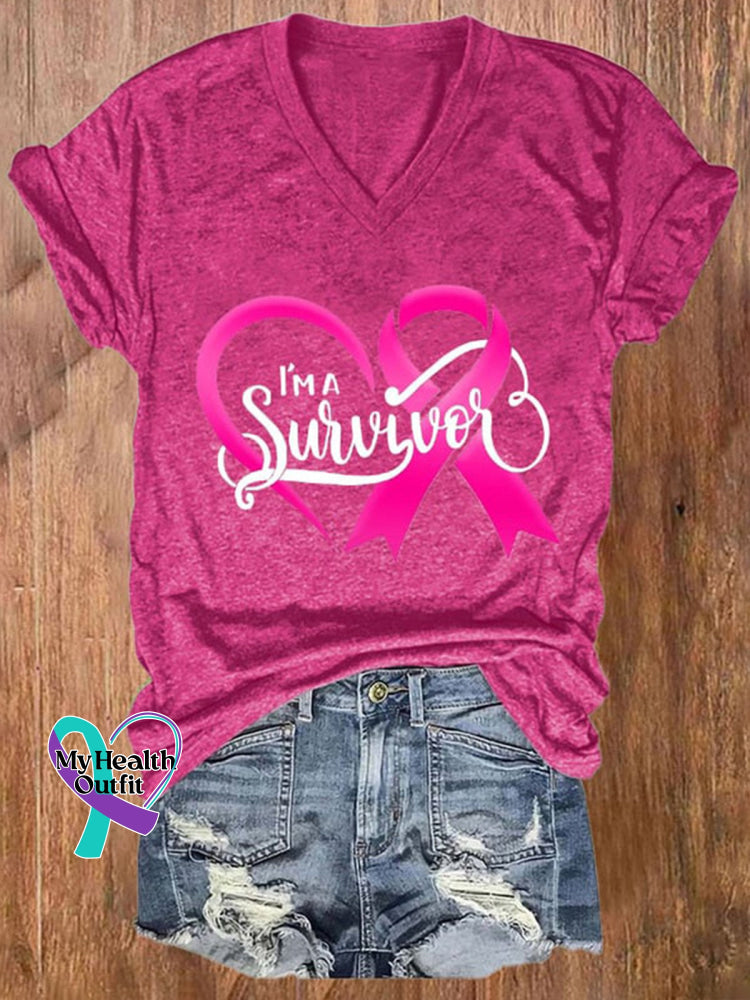 Breast Cancer Red Ribbon Awareness V-Neck T-Shirt / S