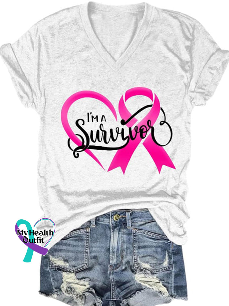 Breast Cancer Red Ribbon Awareness V-Neck T-Shirt White / S