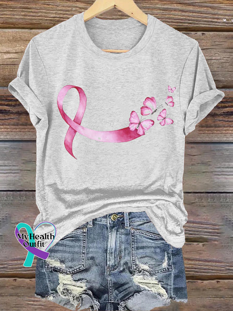 Breast Cancer Ribbon Butterfly Print Casual Round Neck Short Sleeve T-Shirt White / S