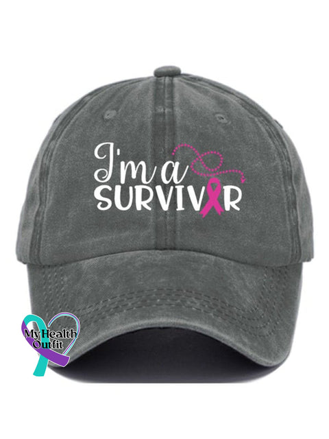Breast Cancer Ribbon Survivor Print Hats Grey / Onesize