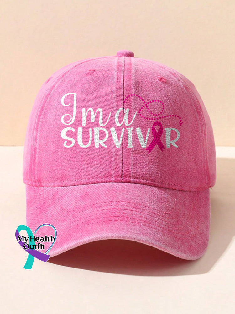 Breast Cancer Ribbon Survivor Print Hats Pink / Onesize
