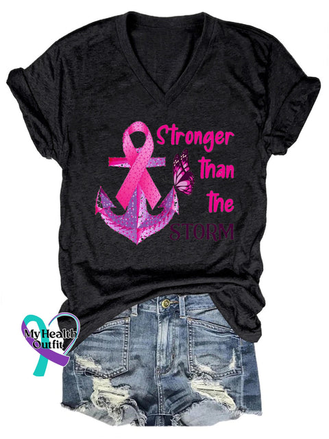 Breast Cancer Stronger Than The Storm Printed Casual V-Neck Short Sleeve T-Shirt Black / S