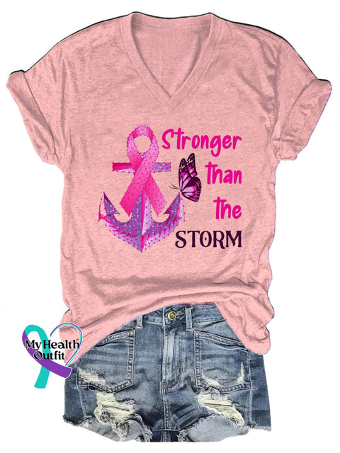 Breast Cancer Stronger Than The Storm Printed Casual V-Neck Short Sleeve T-Shirt Pink / S