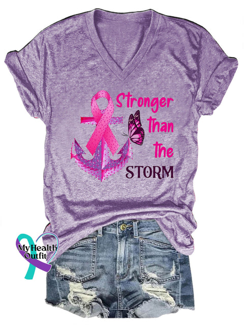 Breast Cancer Stronger Than The Storm Printed Casual V-Neck Short Sleeve T-Shirt Purple / S