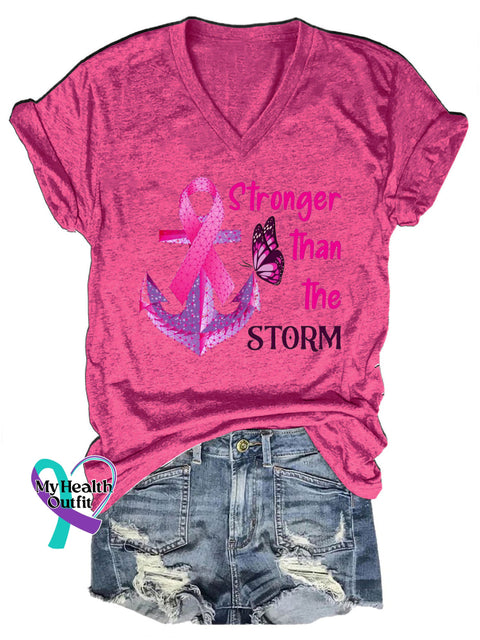 Breast Cancer Stronger Than The Storm Printed Casual V-Neck Short Sleeve T-Shirt RoseRed / S