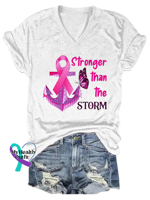 Breast Cancer Stronger Than The Storm Printed Casual V-Neck Short Sleeve T-Shirt White / S