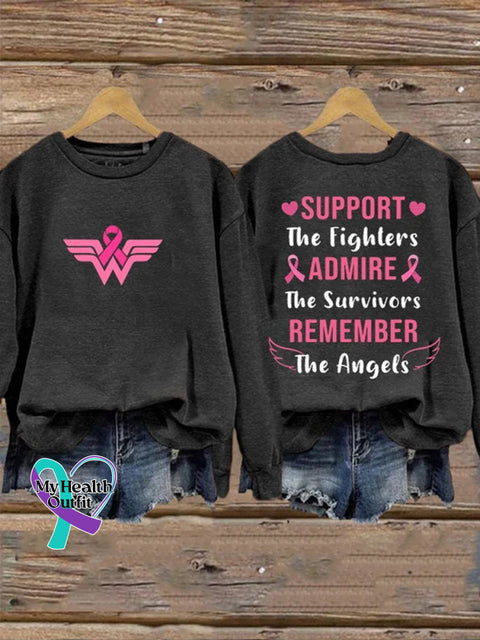 Breast Cancer Support The Fighter Admire Survivor Remember Angels Casual Print Sweatshirt Gray / S