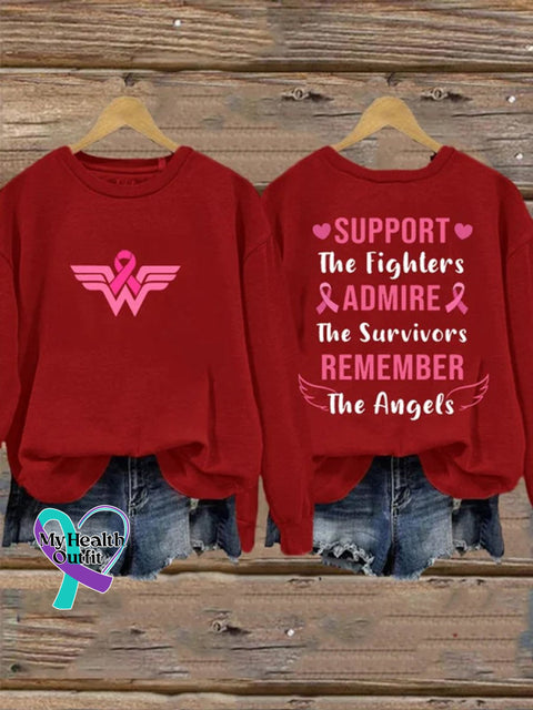 Breast Cancer Support The Fighter Admire Survivor Remember Angels Casual Print Sweatshirt Red / S