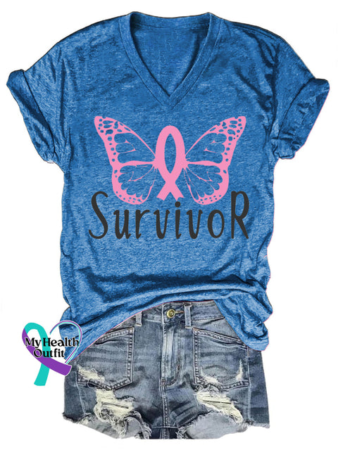 Breast Cancer Survivor Casual V-Neck Short Sleeve T-Shirt Blue / S