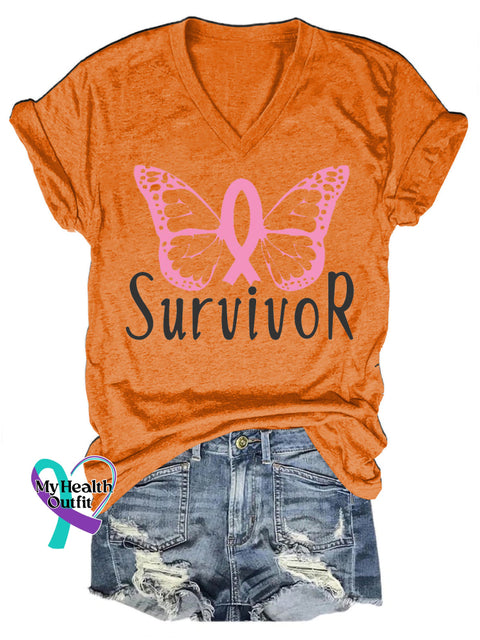 Breast Cancer Survivor Casual V-Neck Short Sleeve T-Shirt Orange / S