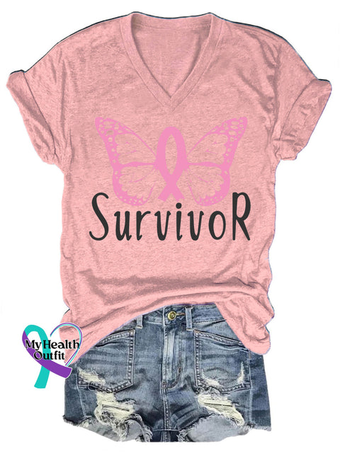 Breast Cancer Survivor Casual V-Neck Short Sleeve T-Shirt Pink / S
