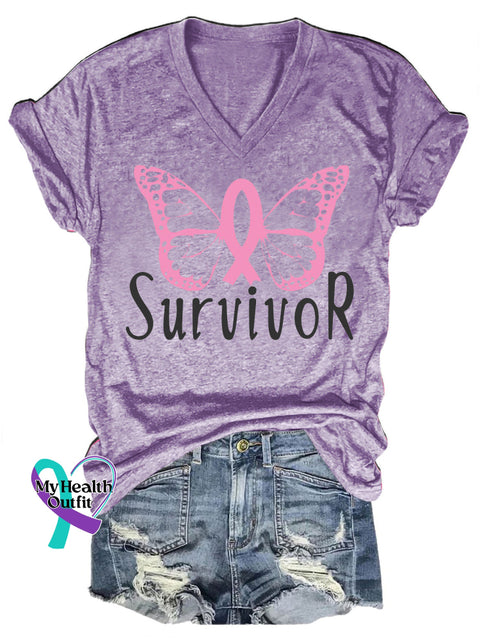 Breast Cancer Survivor Casual V-Neck Short Sleeve T-Shirt Purple / S
