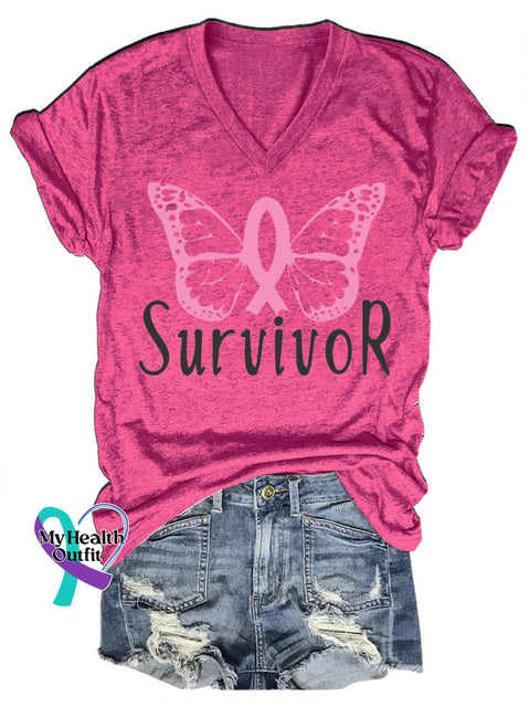 Breast Cancer Survivor Casual V-Neck Short Sleeve T-Shirt RoseRed / S