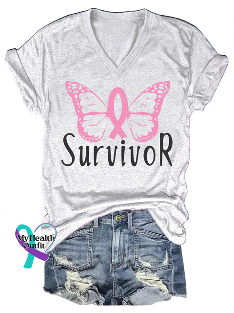 Breast Cancer Survivor Casual V-Neck Short Sleeve T-Shirt White / S