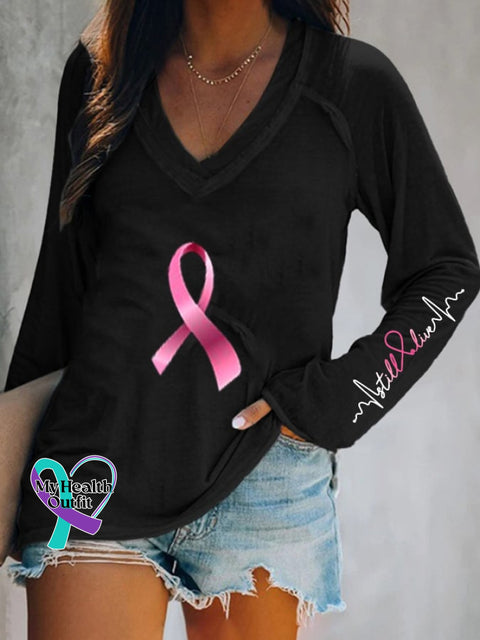 Breast Cancer V Neck Long Sleeve Casual T-Shirt Black / S