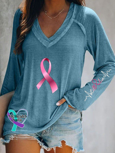 Breast Cancer V Neck Long Sleeve Casual T-Shirt Blue / S