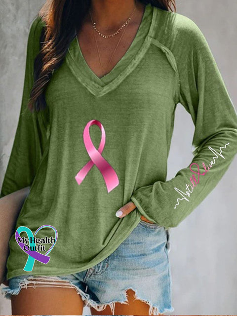 Breast Cancer V Neck Long Sleeve Casual T-Shirt Green / S