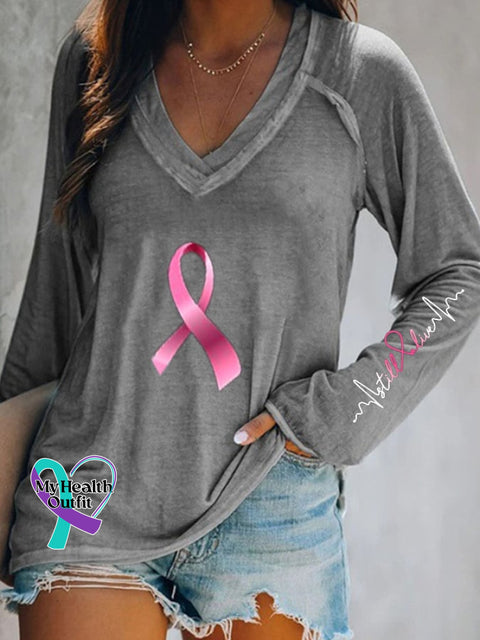 Breast Cancer V Neck Long Sleeve Casual T-Shirt Grey / S