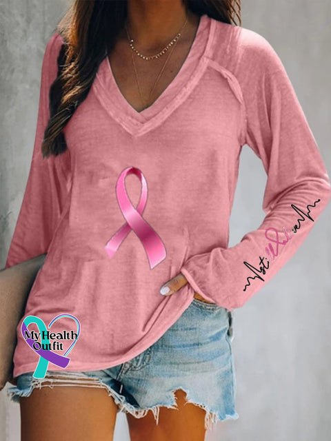 Breast Cancer V Neck Long Sleeve Casual T-Shirt Pink / S