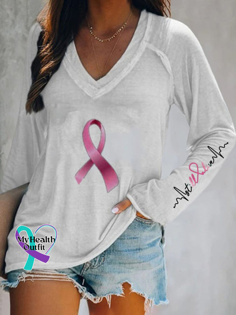 Breast Cancer V Neck Long Sleeve Casual T-Shirt White / S