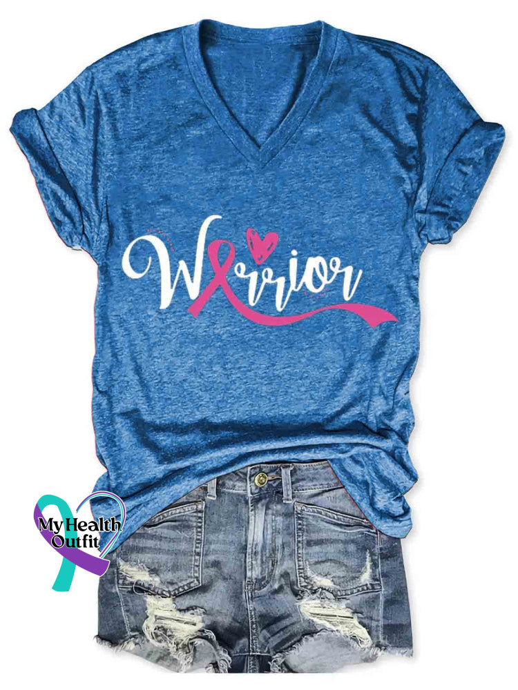 Breast Cancer Warrior Print Casual T-Shirt Blue / S