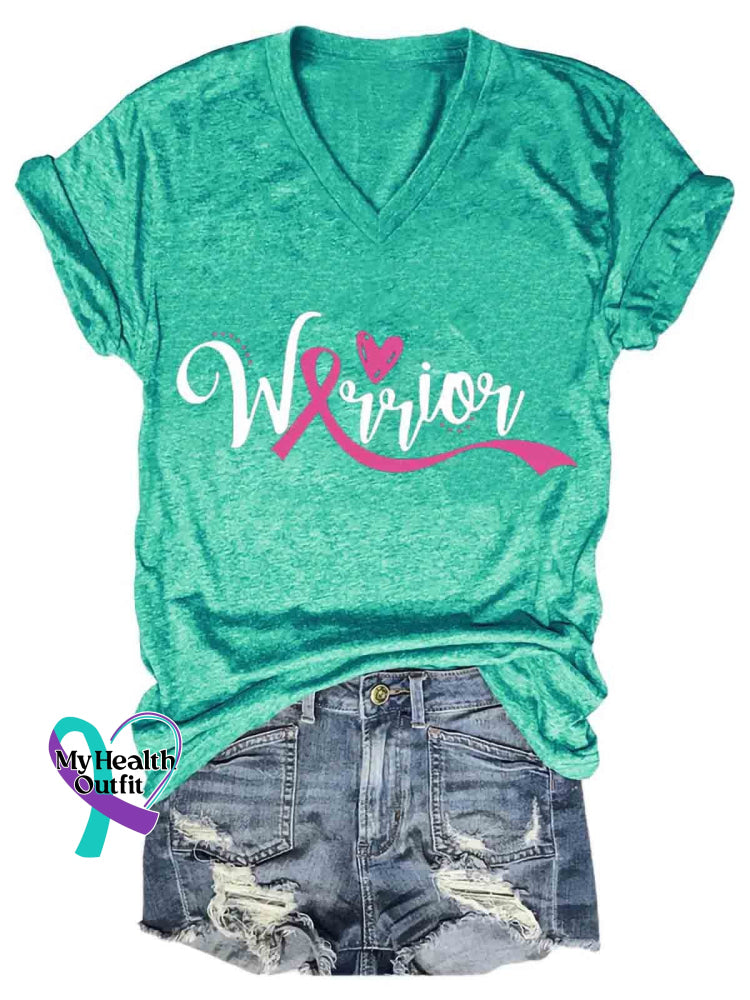 Breast Cancer Warrior Print Casual T-Shirt Green / S