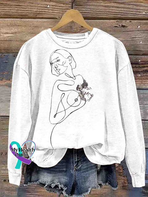 Breast Cancer Woman Holding Flower Printed Sweatshirt White / S