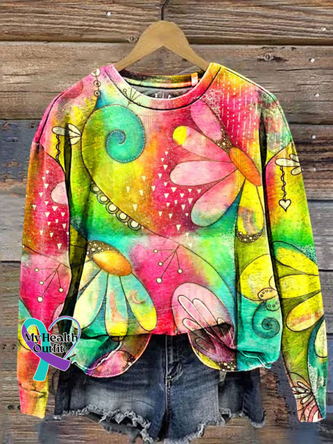 Bright Floral Art Print Casual Sweatshirt Multicolor / S