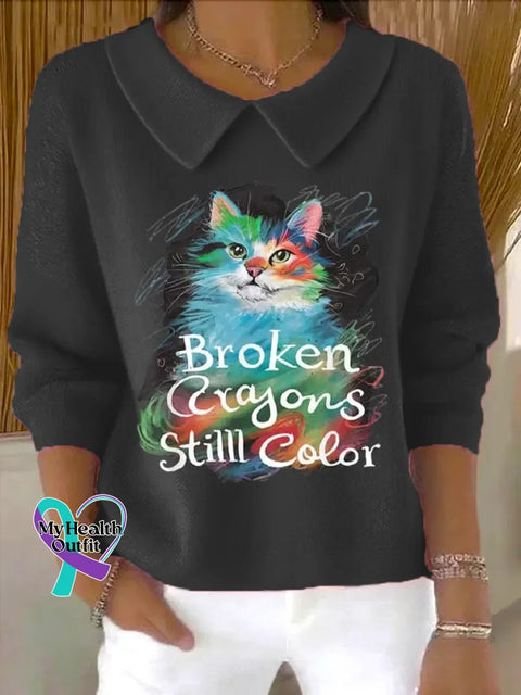 Broken Crayon Still Color Art Print Casual Peter Pan Collar 3/4 Sleeve Sweat Black / S