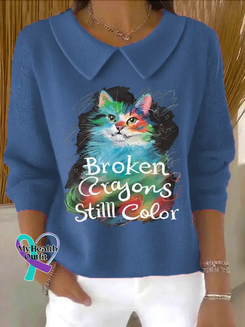 Broken Crayon Still Color Art Print Casual Peter Pan Collar 3/4 Sleeve Sweat Blue / S