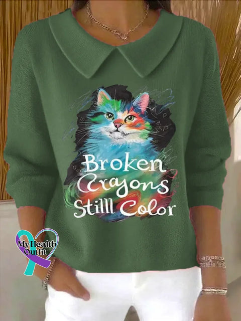 Broken Crayon Still Color Art Print Casual Peter Pan Collar 3/4 Sleeve Sweat Green / S