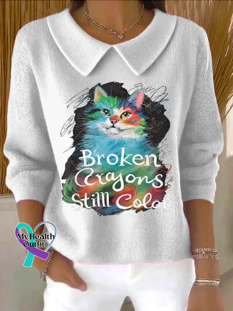 Broken Crayon Still Color Art Print Casual Peter Pan Collar 3/4 Sleeve Sweat White / S
