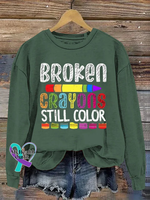 Broken Crayons Still Color Art Print Casual Sweatshirt Green / S