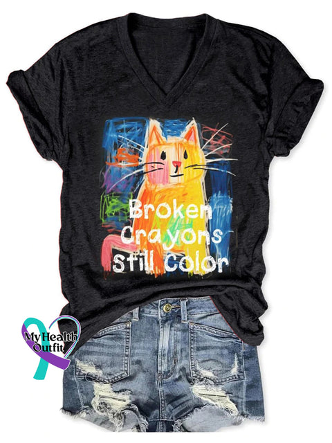 Broken Crayons Still Color Cute Cat Art Print Casual T-Shirt Black / S