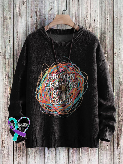 Broken Crayons Still Color Mental Health Awareness Print Casual Knit Pullover Sweater Black / S