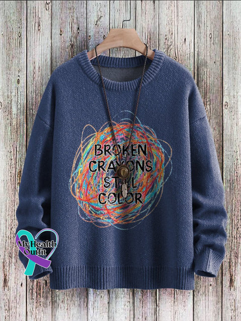 Broken Crayons Still Color Mental Health Awareness Print Casual Knit Pullover Sweater Blue / S
