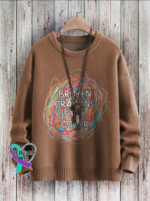 Broken Crayons Still Color Mental Health Awareness Print Casual Knit Pullover Sweater Brown / S